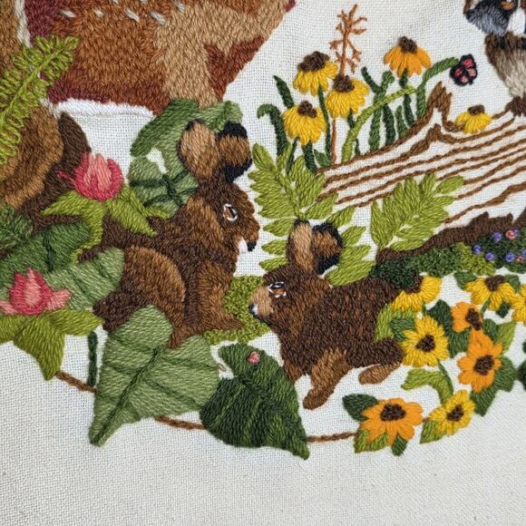 Vintage 1984 “Babes in the Wood” Needlepoint Crewel Framed Woodland Art, 21x21 - Picture 7 of 8